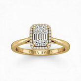 Yellow Gold Radiant Cut Halo Engagement Ring With Classic Four Prong Setting And Slim Band