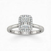 Silver Radiant Cut Halo Engagement Ring With Classic Four Prong Setting And Slim Band