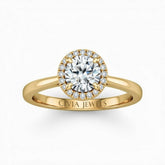 Yellow Gold Round Cut Halo Engagement Ring With Classic Four Prong Setting And Slim Band