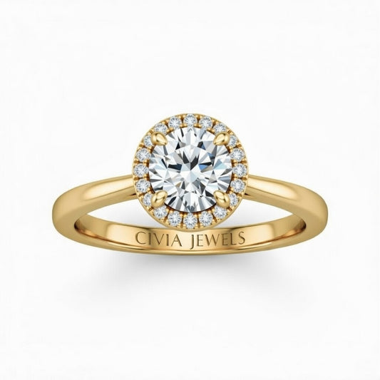 Yellow Gold Round Cut Halo Engagement Ring With Classic Four Prong Setting And Slim Band