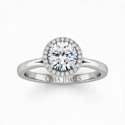 White Gold Round Cut Halo Engagement Ring With Classic Four Prong Setting And Slim Band