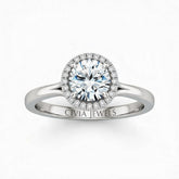 Silver Round Cut Halo Engagement Ring With Classic Four Prong Setting And Slim Band