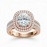 Rose Gold Cushion Cut Double Halo Engagement Ring With Diamond Baguette Accented Pavé Band