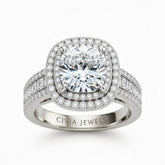 Silver Cushion Cut Double Halo Engagement Ring With Diamond Baguette Accented Pavé Band