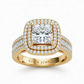 Yellow Gold Princess Cut Double Halo Engagement Ring With Diamond Baguette Accented Pavé Band