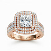 Rose Gold Princess Cut Double Halo Engagement Ring With Diamond Baguette Accented Pavé Band