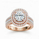 Rose Gold Round Cut Double Halo Engagement Ring With Diamond Baguette Accented Pavé Band