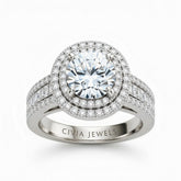 White Gold Round Cut Double Halo Engagement Ring With Diamond Baguette Accented Pavé Band