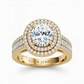 Yellow Gold Round Cut Double Halo Engagement Ring With Diamond Baguette Accented Pavé Band