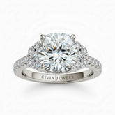 Silver Cushion Cut Engagement Ring With Diamond Cluster Side Accents And Pavé Band