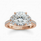 Rose Gold Cushion Cut Engagement Ring With Diamond Cluster Side Accents And Pavé Band