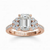 Rose Gold Emerald Cut Engagement Ring With Diamond Cluster Side Accents And Pavé Band