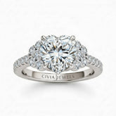 Silver Heart Cut Engagement Ring With Diamond Cluster Side Accents And Pavé Band