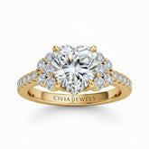 Yellow Gold Heart Cut Engagement Ring With Diamond Cluster Side Accents And Pavé Band