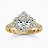 Yellow Gold Marquise Cut Engagement Ring With Diamond Cluster Side Accents And Pavé Band