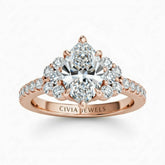 Rose Gold Marquise Cut Engagement Ring With Diamond Cluster Side Accents And Pavé Band
