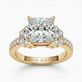 Yellow Gold Princess Cut Engagement Ring With Diamond Cluster Side Accents And Pavé Band