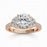 Rose Gold Round Cut Engagement Ring With Diamond Cluster Side Accents And Pavé Band