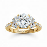 Yellow Gold Round Cut Engagement Ring With Diamond Cluster Side Accents And Pavé Band