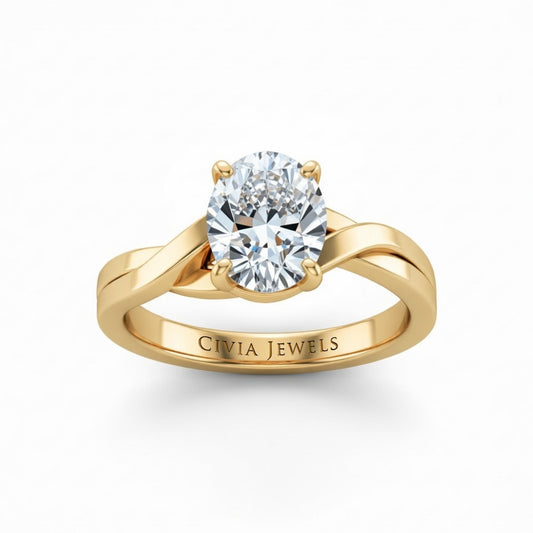Yellow Gold Oval Brilliant Solitaire Engagement Ring With Elegant Split Twist Shank