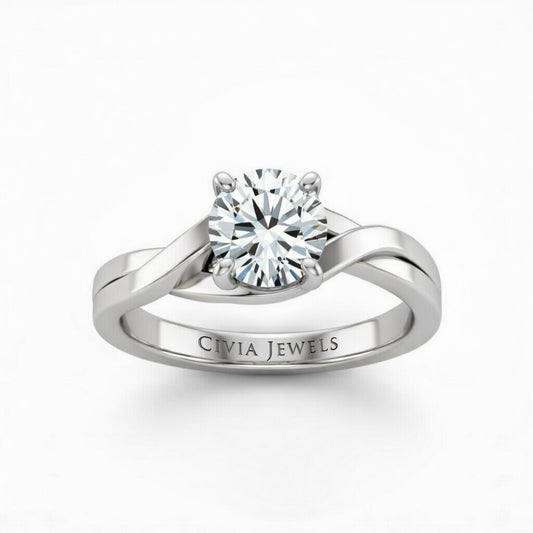 White Gold Round Brilliant Solitaire Engagement Ring With Elegant Split Twist Shank