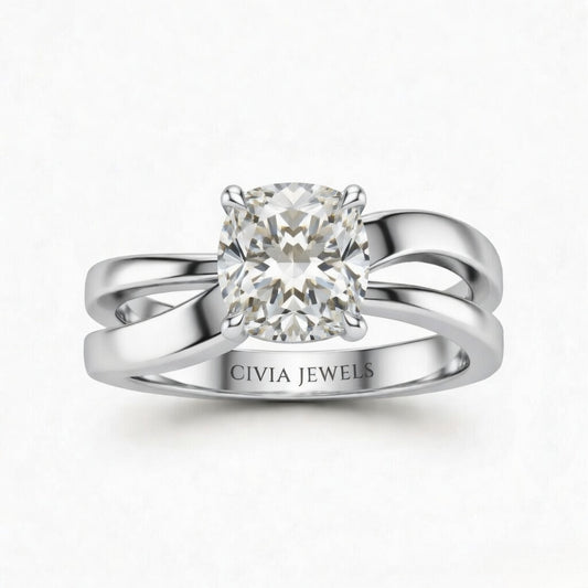 White Gold Cushion Cut Solitaire Engagement Ring With Sculpted Multirow Twist Shank