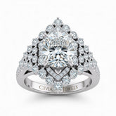 White Gold Cushion Cut Engagement Ring With Diamond Cluster Sides, Double Halo Frame And Pavé Shank