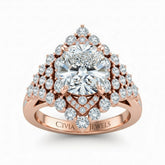 Rose Gold Cushion Cut Engagement Ring With Diamond Cluster Sides, Double Halo Frame And Pavé Shank