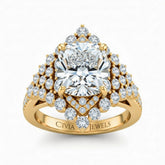 Yellow Gold Cushion Cut Engagement Ring With Diamond Cluster Sides, Double Halo Frame And Pavé Shank