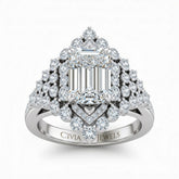Silver Emerald Cut Engagement Ring With Diamond Cluster Sides, Double Halo Frame And Pavé Shank