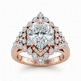 Rose Gold Heart Cut Engagement Ring With Diamond Cluster Sides, Double Halo Frame And Pavé Shank