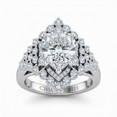 White Gold Heart Cut Engagement Ring With Diamond Cluster Sides, Double Halo Frame And Pavé Shank