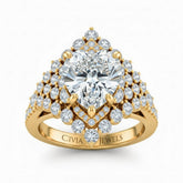 Yellow Gold Heart Cut Engagement Ring With Diamond Cluster Sides, Double Halo Frame And Pavé Shank