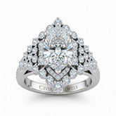 White Gold Marquise Cut Engagement Ring With Diamond Cluster Sides, Double Halo Frame And Pavé Shank