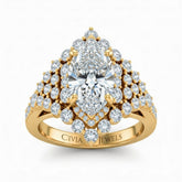 Yellow Gold Marquise Cut Engagement Ring With Diamond Cluster Sides, Double Halo Frame And Pavé Shank
