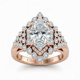 Rose Gold Marquise Cut Engagement Ring With Diamond Cluster Sides, Double Halo Frame And Pavé Shank