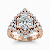 Rose Gold Pear Cut Engagement Ring With Diamond Cluster Sides, Double Halo Frame And Pavé Shank