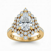 Yellow Gold Pear Cut Engagement Ring With Diamond Cluster Sides, Double Halo Frame And Pavé Shank