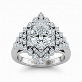 White Gold Pear Cut Engagement Ring With Diamond Cluster Sides, Double Halo Frame And Pavé Shank