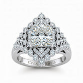 White Gold Princess Cut Engagement Ring With Diamond Cluster Sides, Double Halo Frame And Pavé Shank