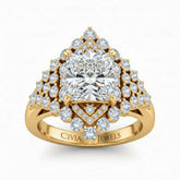 Yellow Gold Princess Cut Engagement Ring With Diamond Cluster Sides, Double Halo Frame And Pavé Shank