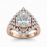 Rose Gold Radiant Cut Engagement Ring With Diamond Cluster Sides, Double Halo Frame And Pavé Shank