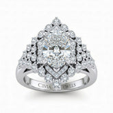 Silver Radiant Cut Engagement Ring With Diamond Cluster Sides, Double Halo Frame And Pavé Shank