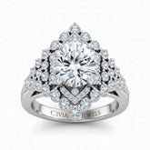 White Gold Round Cut Engagement Ring With Diamond Cluster Sides, Double Halo Frame And Pavé Shank