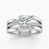 Silver Cushion Brilliant Engagement Ring With Split Bypass Pavé Diamond Shank
