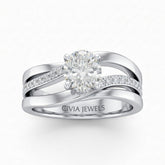 Silver Oval Brilliant Engagement Ring With Split Bypass Pavé Diamond Shank