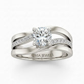Silver Round Brilliant Engagement Ring With Split Bypass Pavé Diamond Shank