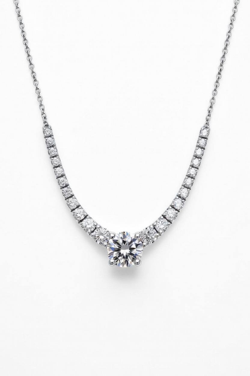 White Gold Round Brilliant Signature Graduated Diamond Necklace With Solitaire Center And Four-Prong Setting
