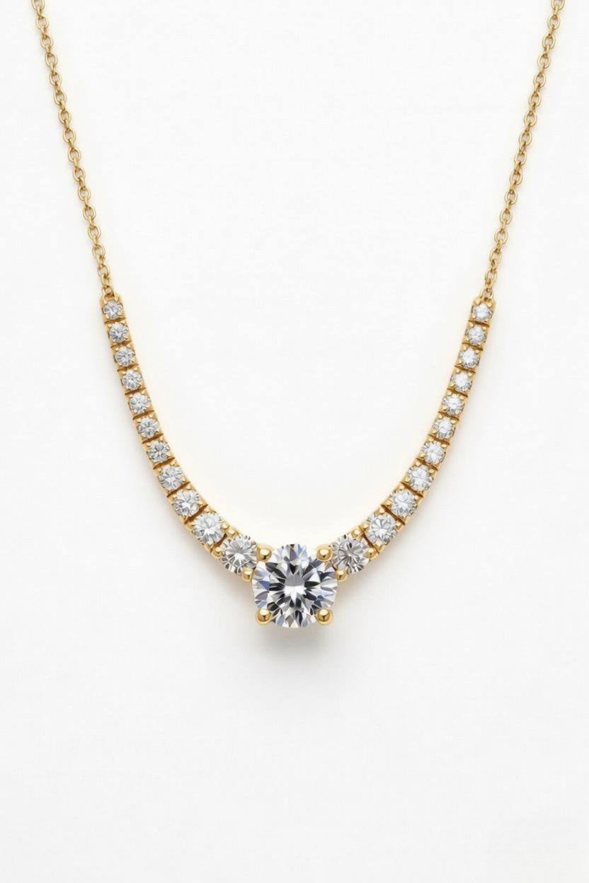 Yellow Gold Round Brilliant Signature Graduated Diamond Necklace With Solitaire Center And Four-Prong Setting