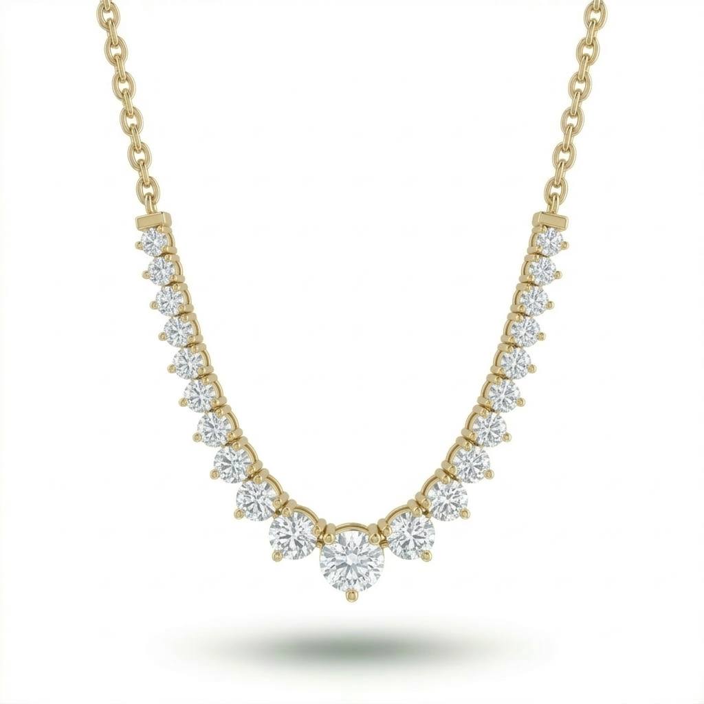 Yellow Gold Round Brilliant Royale Graduated Diamond Necklace With Solitaire Center And Prong Setting